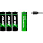 Batteri Coast Uppladdningsbara AA 1,5V 2400 mAh 4-pack inkl Laddningskabel
