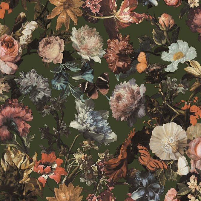Tapet ESTAhome Blommor Grå Olivgrön