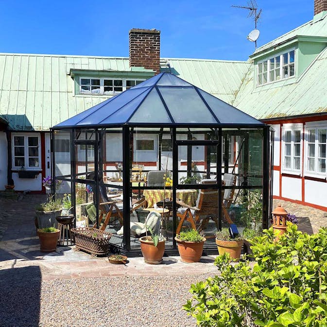 Växthus/Orangeri Metalcraft Hexagon Svart Aluminiumstomme med UV-Skyddat & Härdat Säkerhetsglas, 12,6 m²