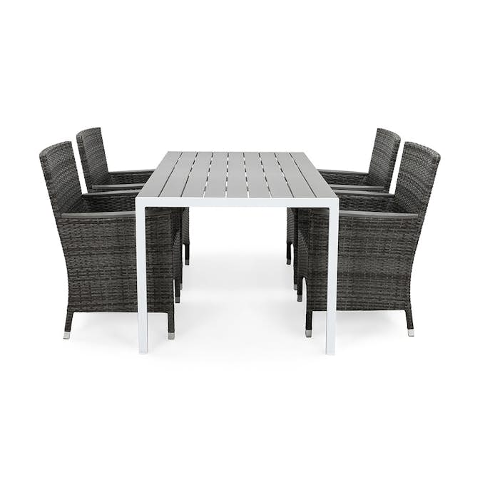 Matgrupp Utomhus deNoord Tunis 150x90 cm med 4 Thor Utefåtöljer Lyx med Armstöd