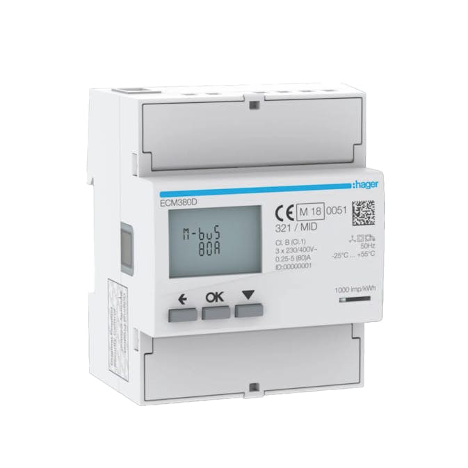 Energimätare Hager 3-fas Direktmätning upp till 80 A på 4 Moduler MID-Godkänd med M-BUS