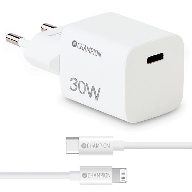 Laddare Champion 30W + USB-C till Lightning Kabel Vit