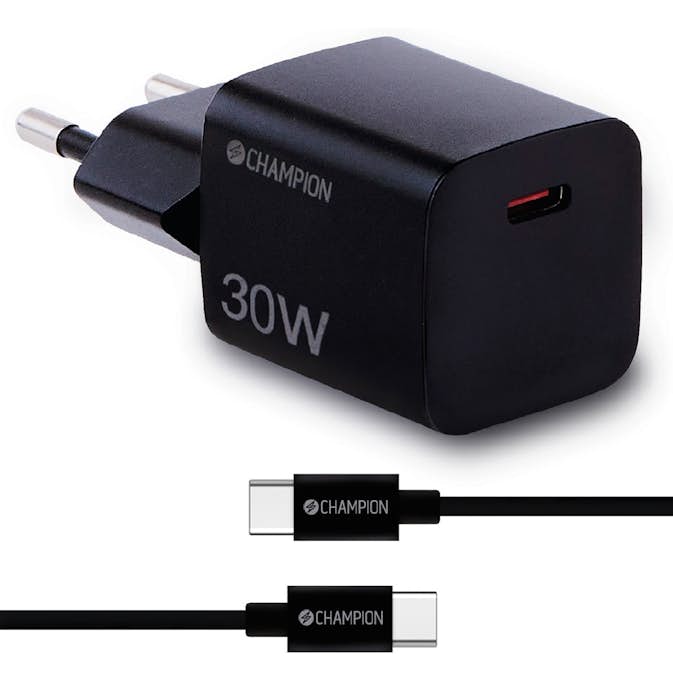 Laddare Champion 30W + USB-C Kabel Svart