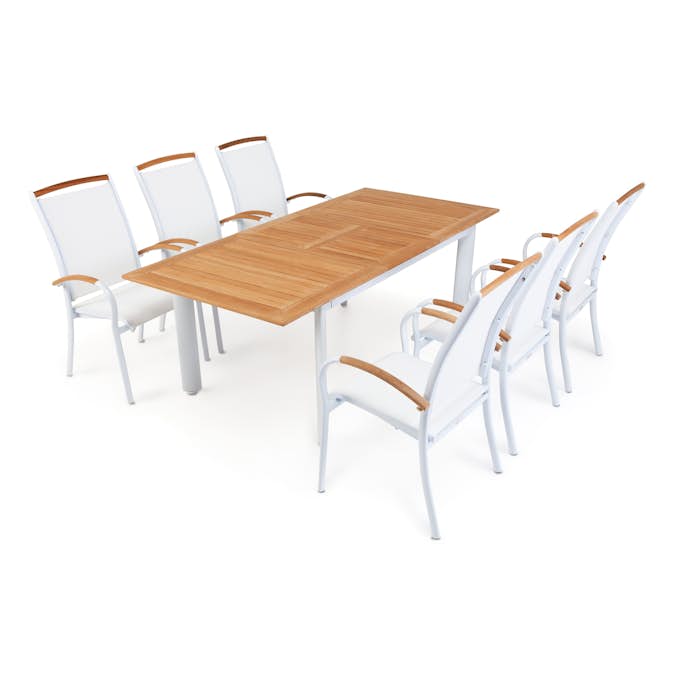 Matgrupp Ute Hillerstorp Nydala 6 st Karmstolar med Förlängningsbart Träbord Vit/Teak