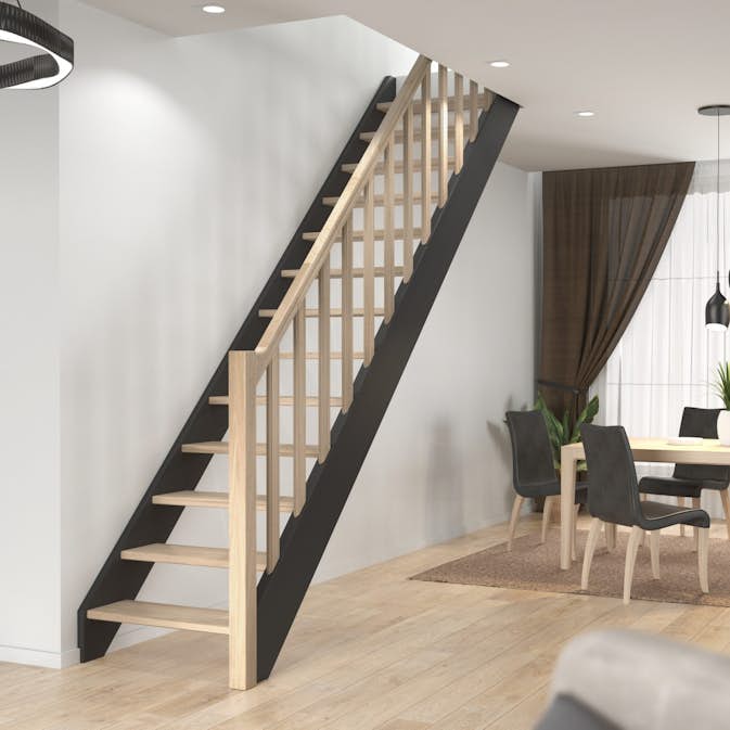 Spartrappa Dolle Helsinki Svart/Ek Rak Räcke med Träbalustrar