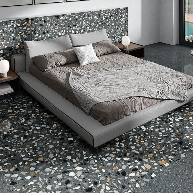 Klinker Hill Ceramic Guss Terrazzo Svart XL Polerad 60x120 cm