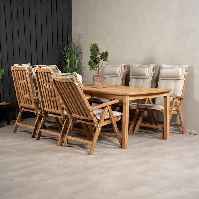 Matgrupp Venture Design Kenya 220x100 Teak med 6 Kenya Positionsfåtöljer