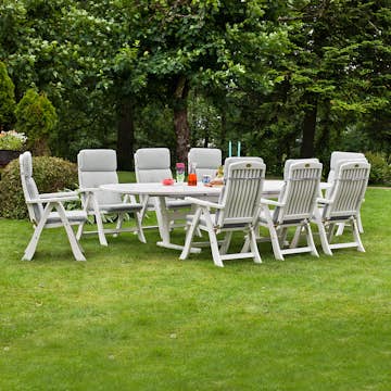 Matgrupp Ute Hillerstorp Amelia Vit med 8 Trädgårdsfåtöljer & Förlängningsbart Ovalt Bord Trä