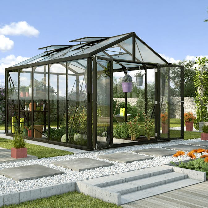 Växthus Vitavia Poseidon Aluminiumstomme med UV-Skyddat Polykarbonat & Härdat Glas, 10 m²