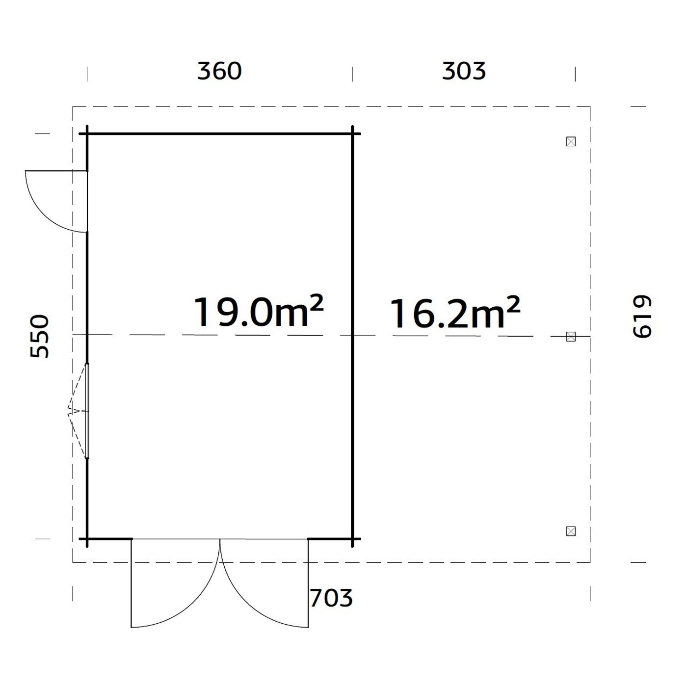Roger 19,0+16,2 m2 with wooden gate WTDIP Impregnerad transparent