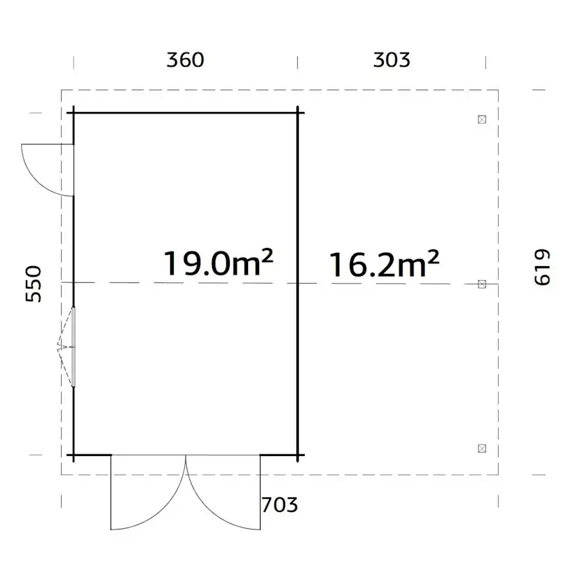 Roger 19,0+16,2 m2 with wooden gate WTDIP Impregnerad transparent