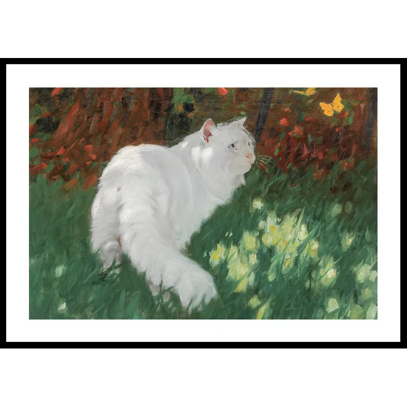 Poster Gallerix White Cat And Butterflies By Arthur Heyer