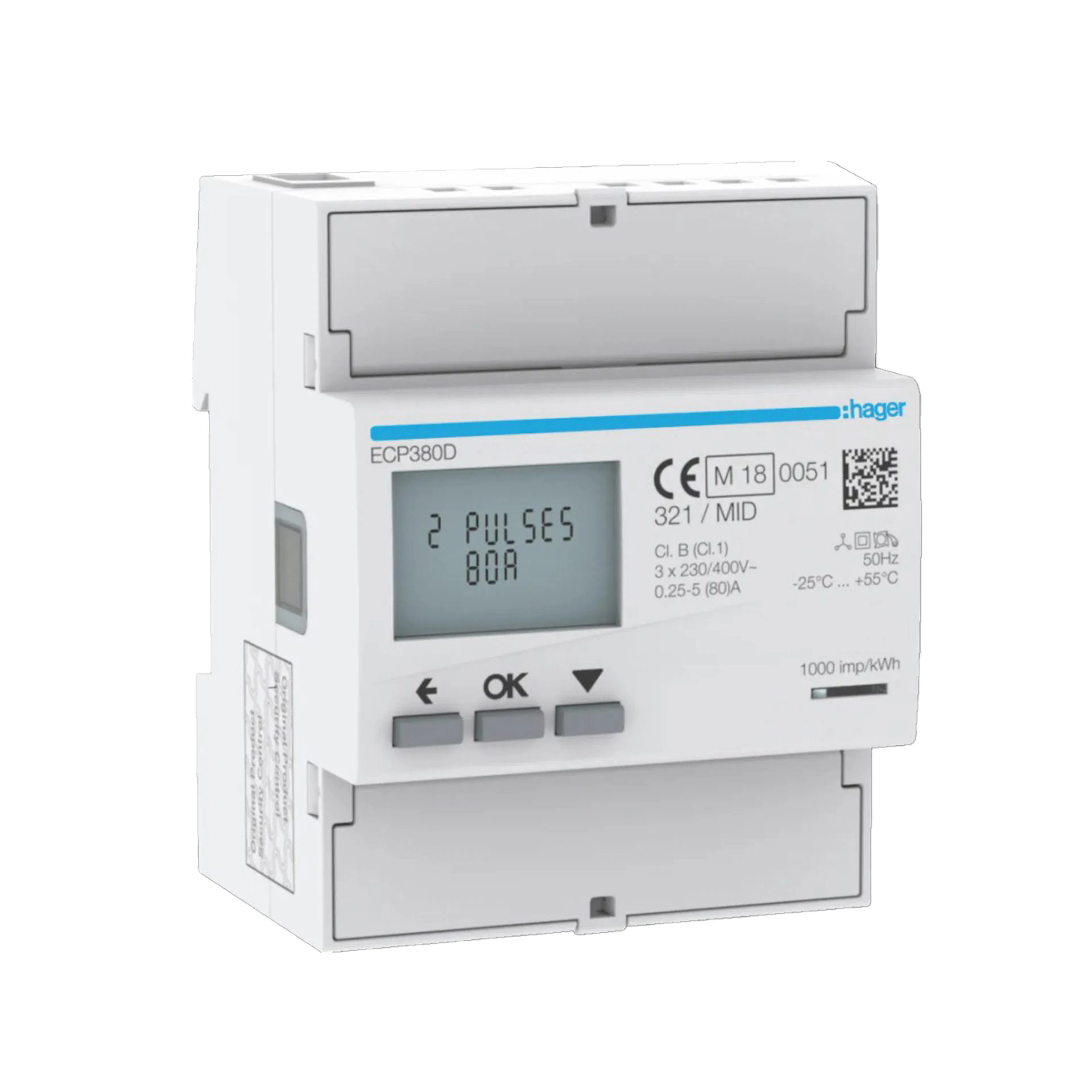 Energimätare Hager 3-fas Direktmätning upp till 80 A MID-Godkänd med Pulskommunikation
