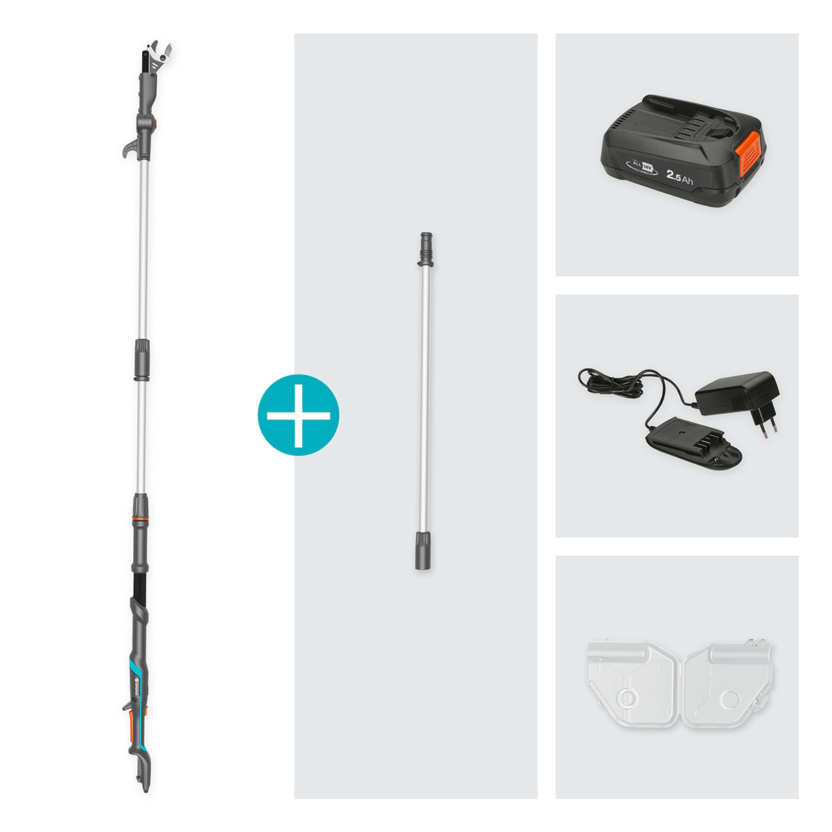 Teleskopisk Stångsax Gardena HighCut 360 Batteri P4A Komplett med Batteri och Laddare