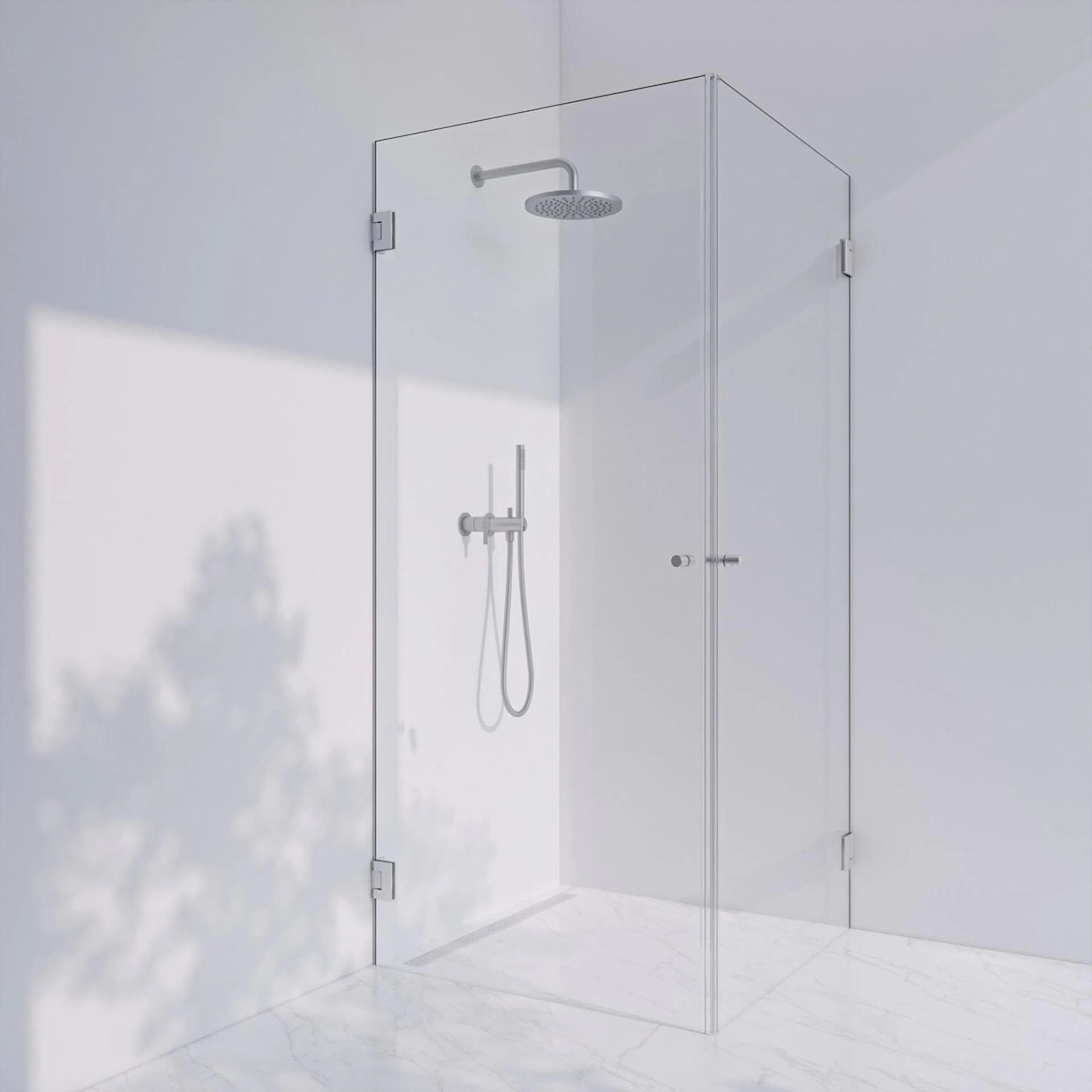 Invitrea Flair GH22/80x80/Blank krom/Fingerhål/Linjeglas Storlek: 800x800 mm, Glastyp: Linjeglas, Profil: Blank Krom, Handtag: Fingerhål