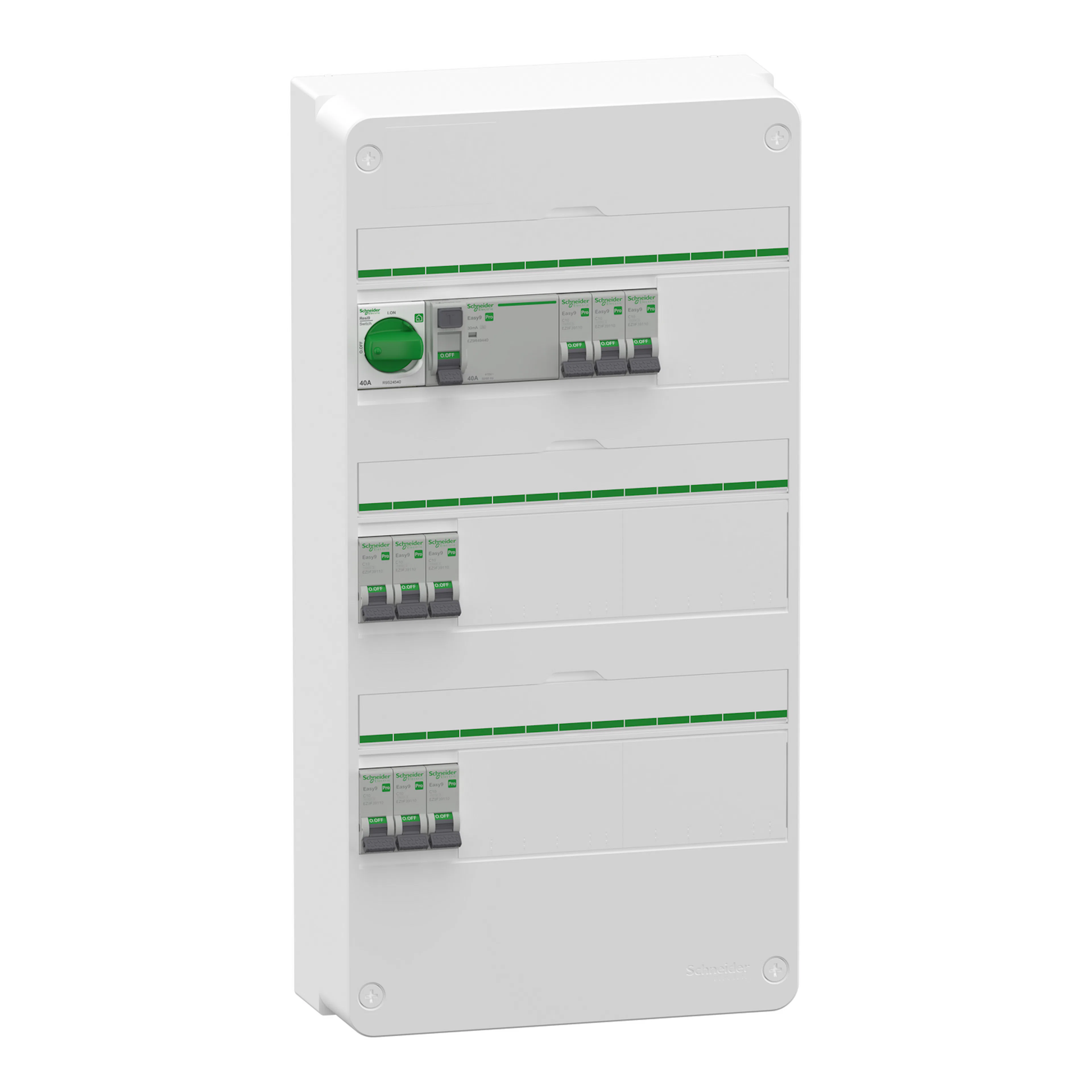 Normcentral Schneider Electric Easy9 Förmonterad 3 × 13 Moduler 1 jordfelsbrytare + 9 minibrytare IP30