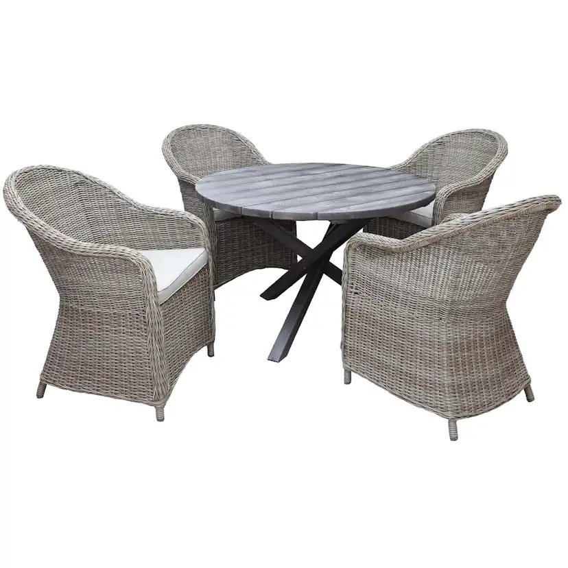 Matgrupp Utomhus Baltic Garden Ø 112 cm bord & 4 Belize naturfärgade stolar
