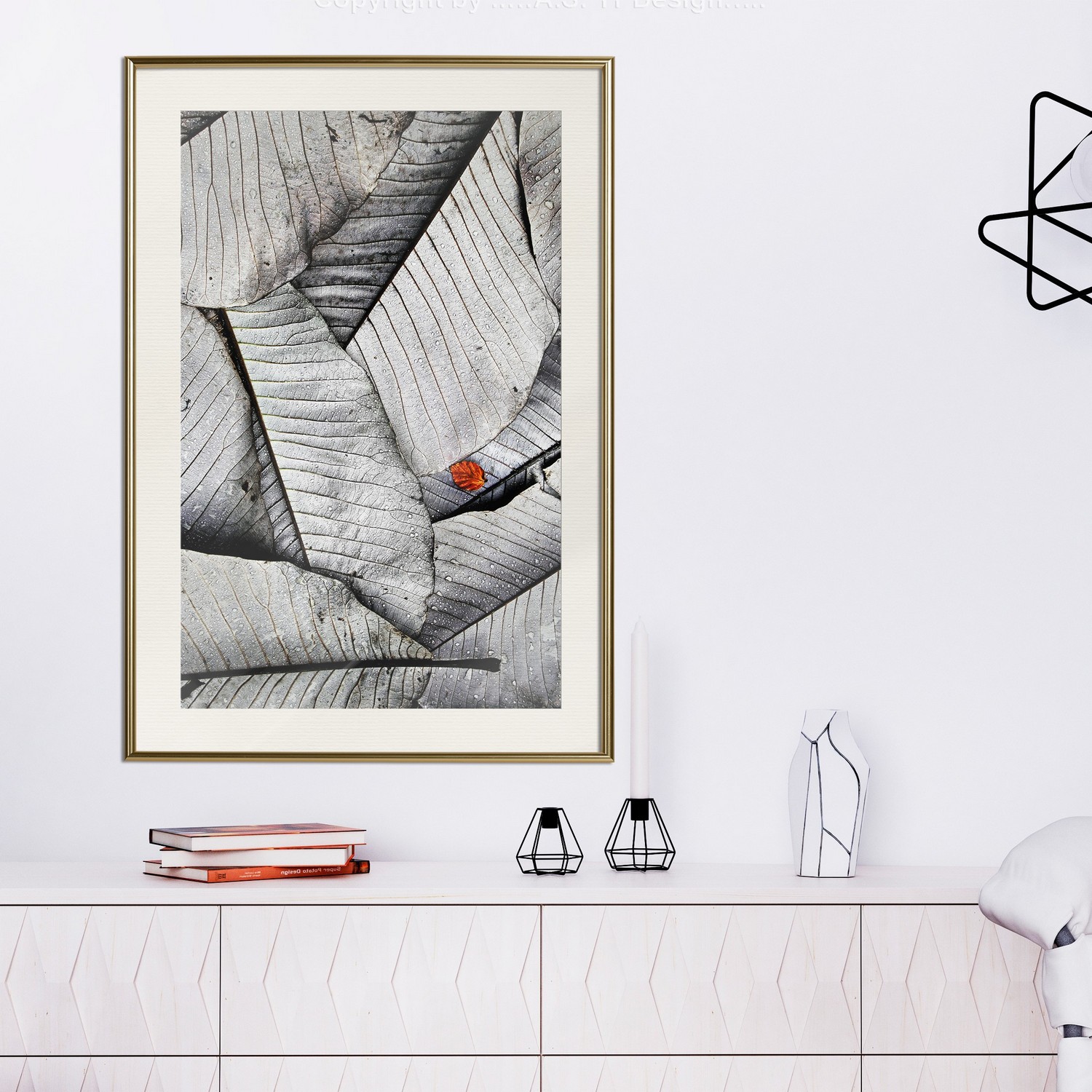 Affisch - Black And White Leaves [Poster] 30x45 Guld ram med passepartout, 30x45 cm