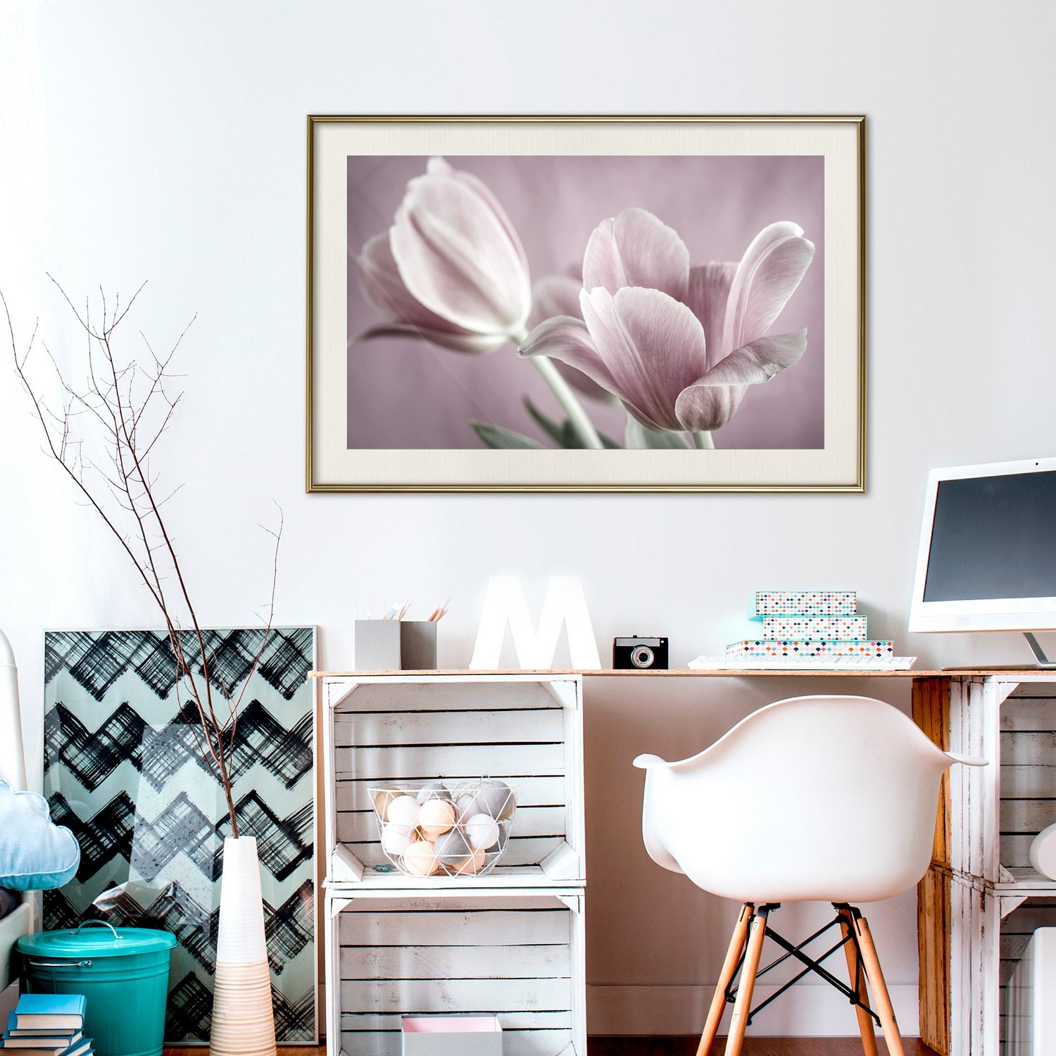 Affisch - Pink Tulips [Poster] 45x30 Guld ram med passepartout, 45x30 cm