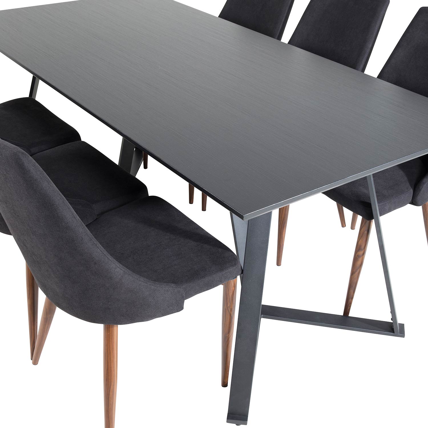 Marina Table - Black top /Leone Chair - Black Fabric_6 Svart/Svart/Valnöt
