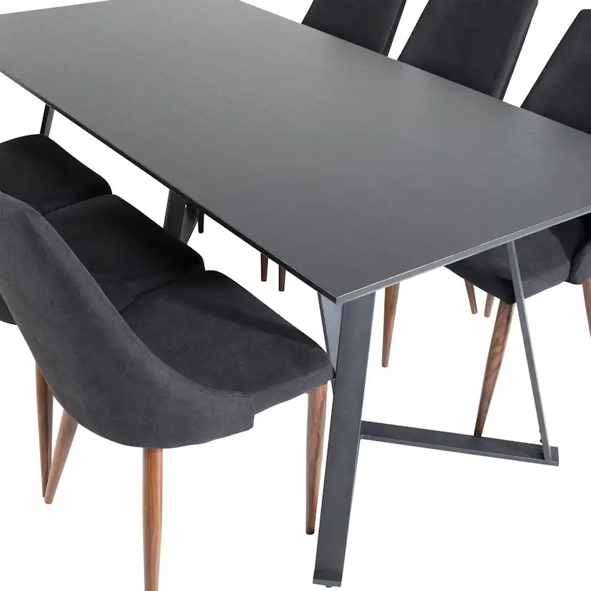 Marina Table - Black top /Leone Chair - Black Fabric_6 Svart/Svart/Valnöt