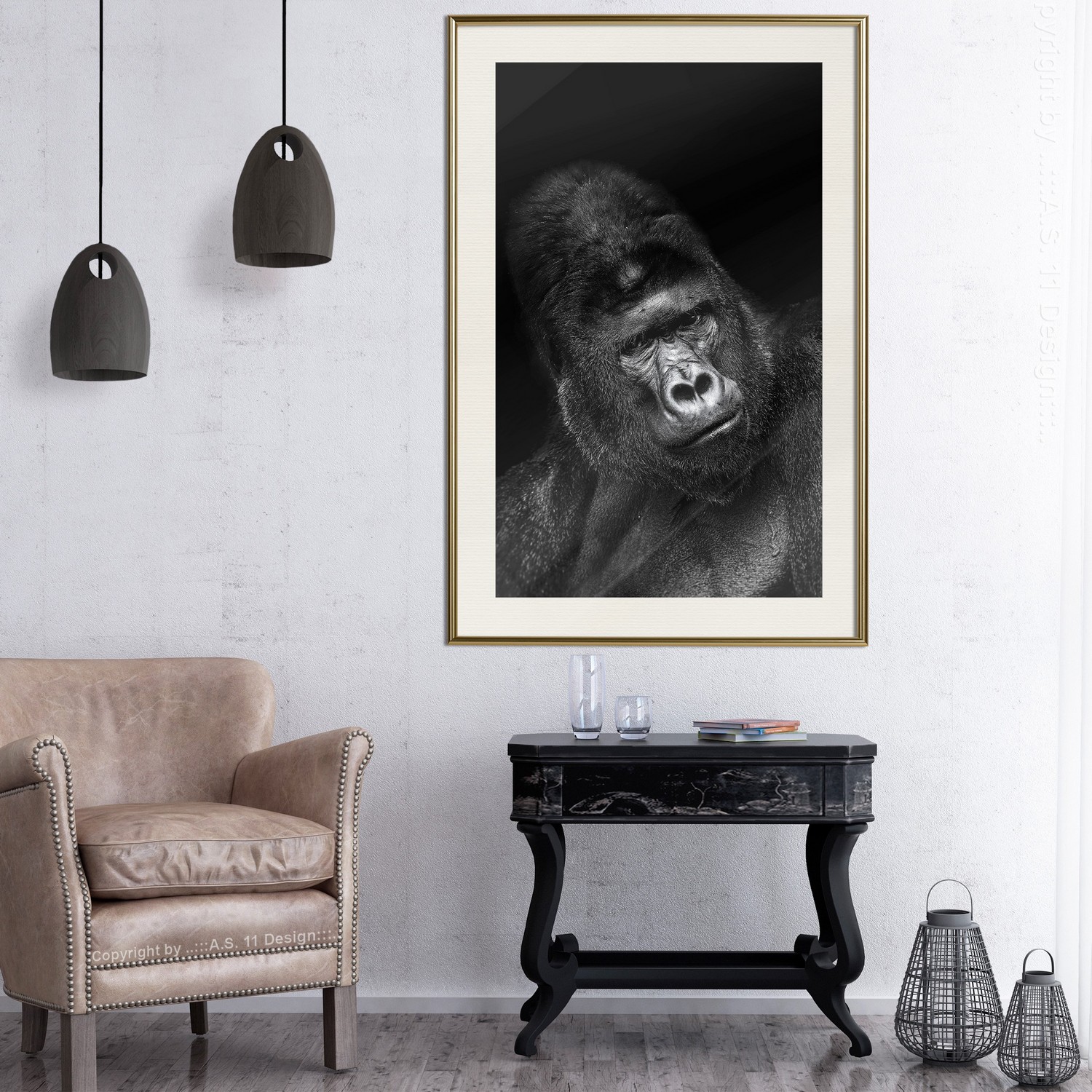Affisch - Gorilla [Poster] 30x45 Guld ram med passepartout, 30x45 cm