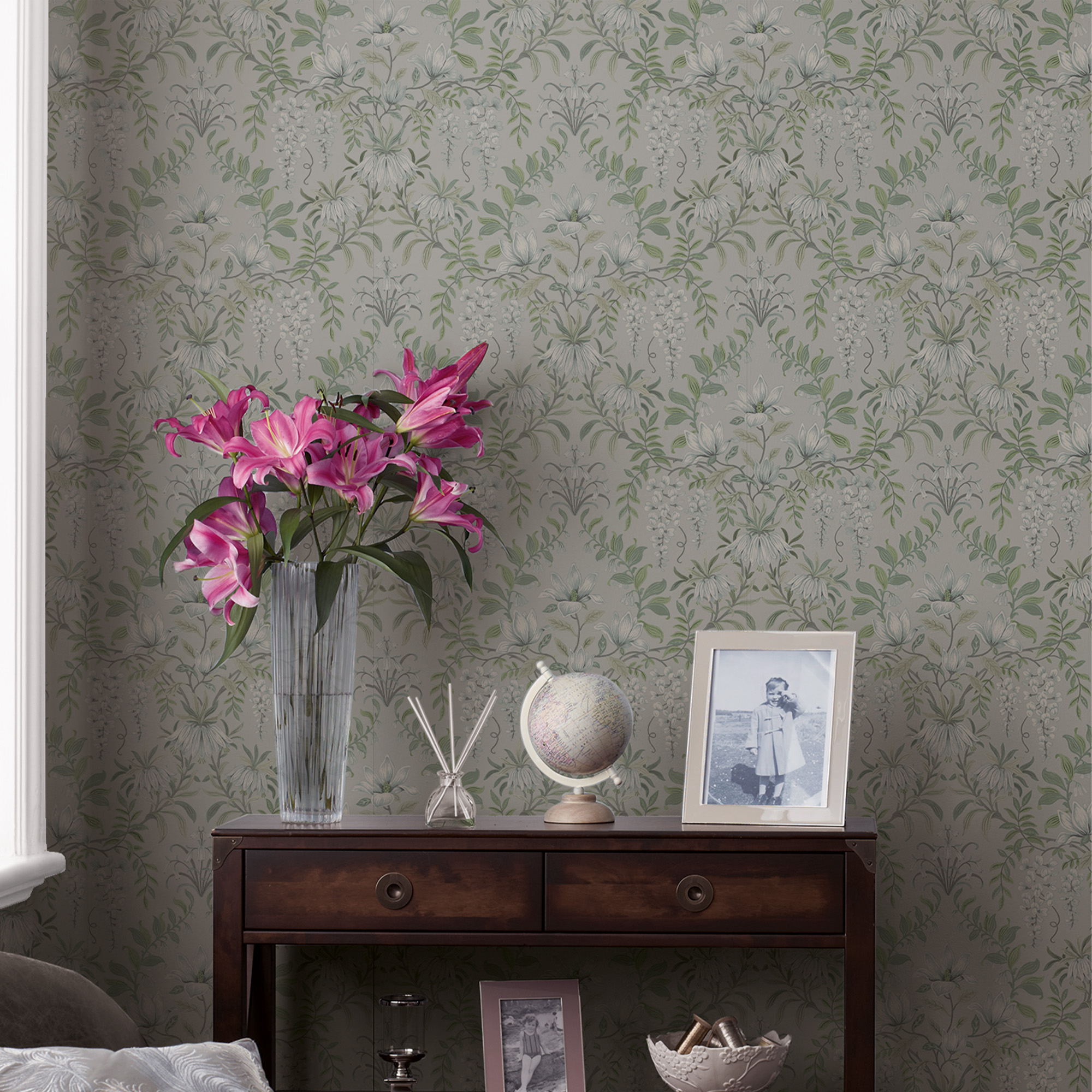 Tapet Laura Ashley Parterre Sage 113406 EasyUp, Mönstrad Flerfärgad