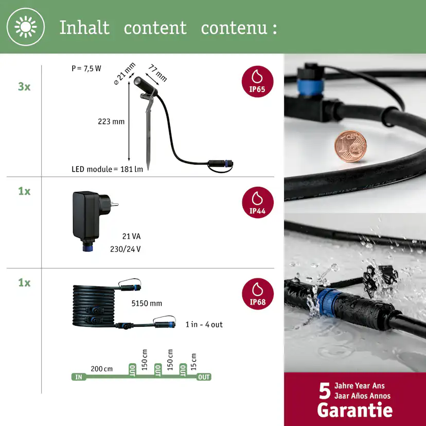 Spotlight Paulmann Plantini Plug & Shine LED IP65 24V 3-pack med Kabel och Transformator