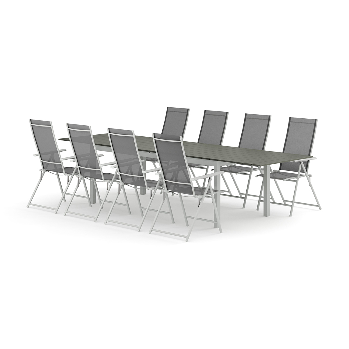 Trädgårdsgrupp Comfort Garden Tunis utomhus matgrupp förlängningsbart 205/305x90 cm med 8 Sanna positionsstolar