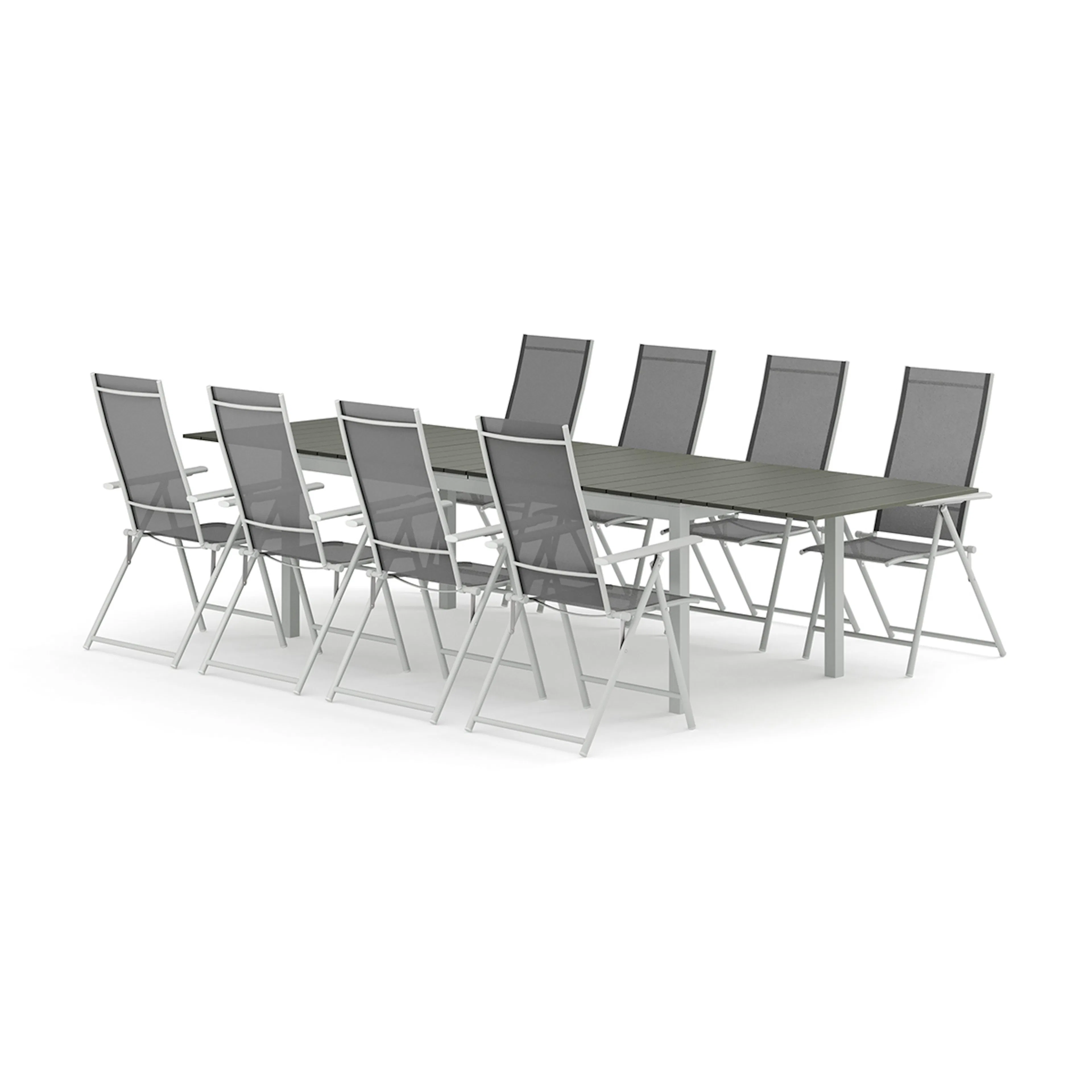 Trädgårdsgrupp Comfort Garden Tunis utomhus matgrupp förlängningsbart 205/305x90 cm med 8 Sanna positionsstolar