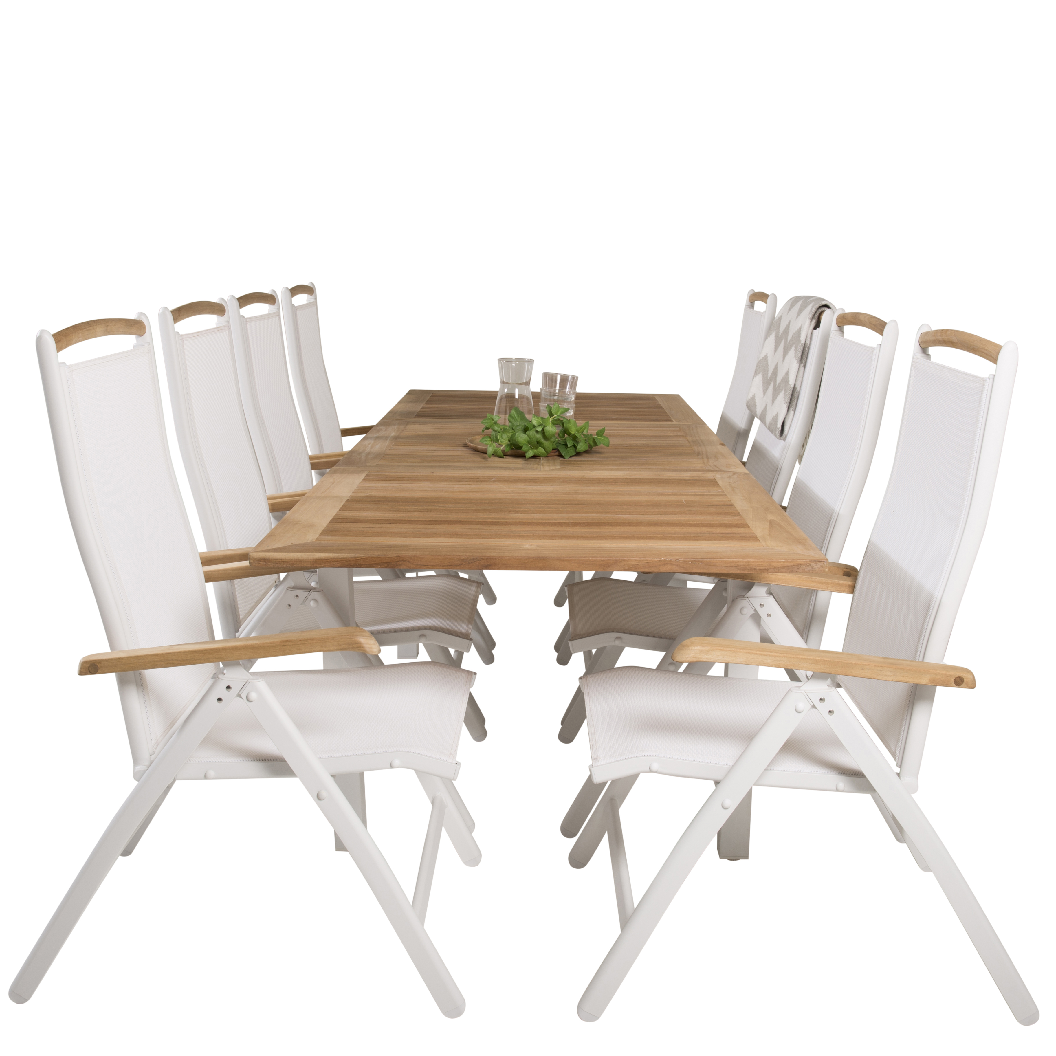 Panama Bord160/240*90-vit/Teak+Panama stol5:pos-vit/vitTeak8 Teak Bord med Vita Ben, Vit Stol