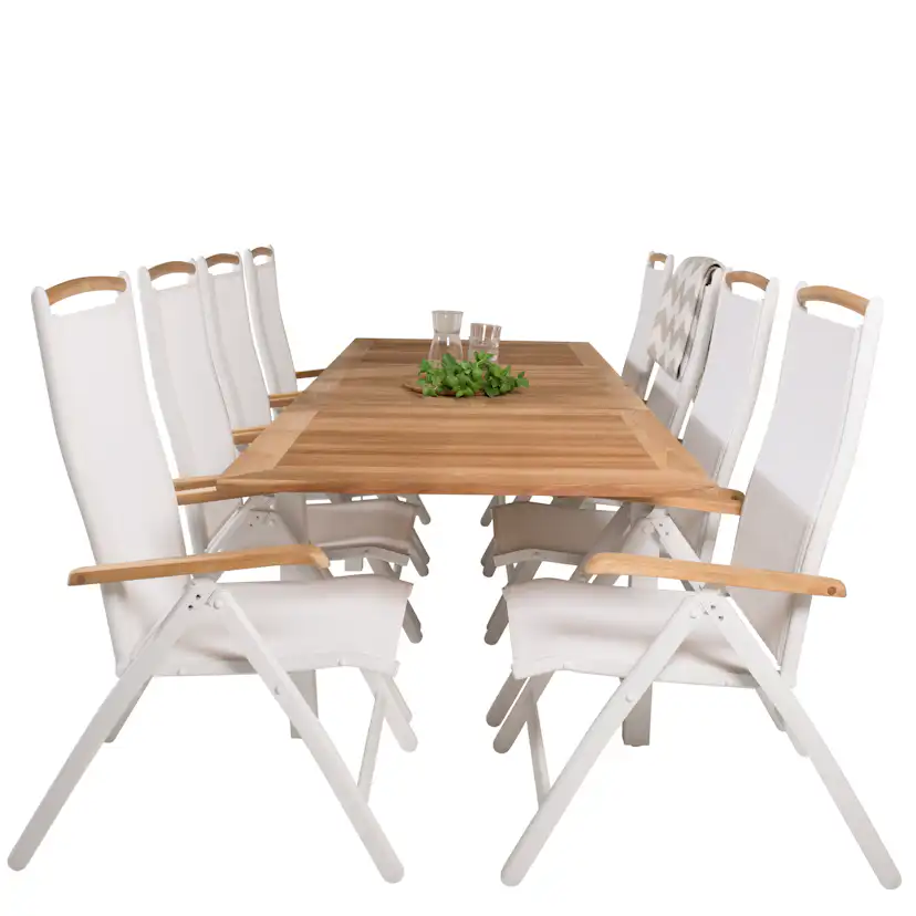 Panama Bord160/240*90-vit/Teak+Panama stol5:pos-vit/vitTeak8 Teak Bord med Vita Ben, Vit Stol