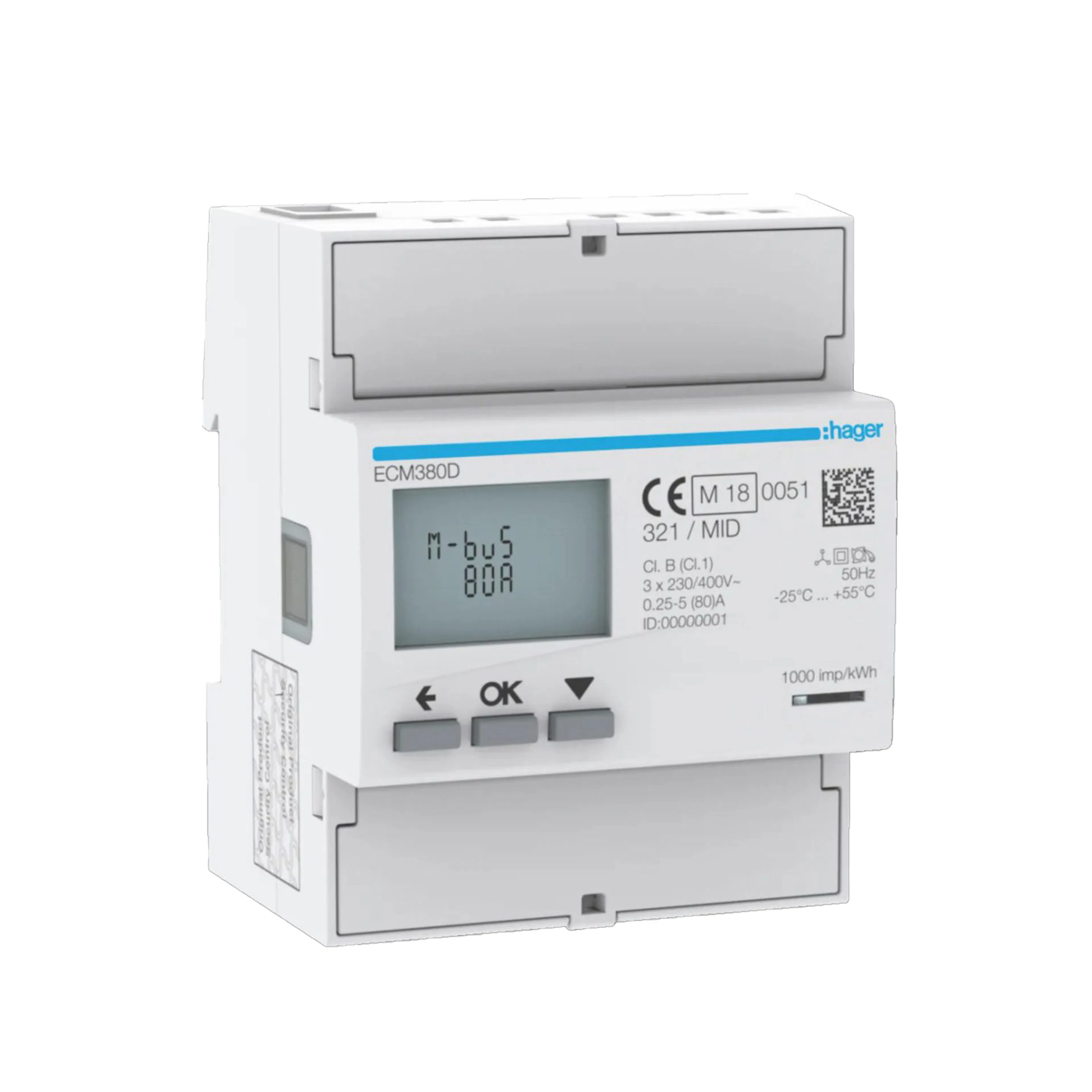 Energimätare Hager 3-fas Direktmätning upp till 80 A på 4 Moduler MID-Godkänd med M-BUS