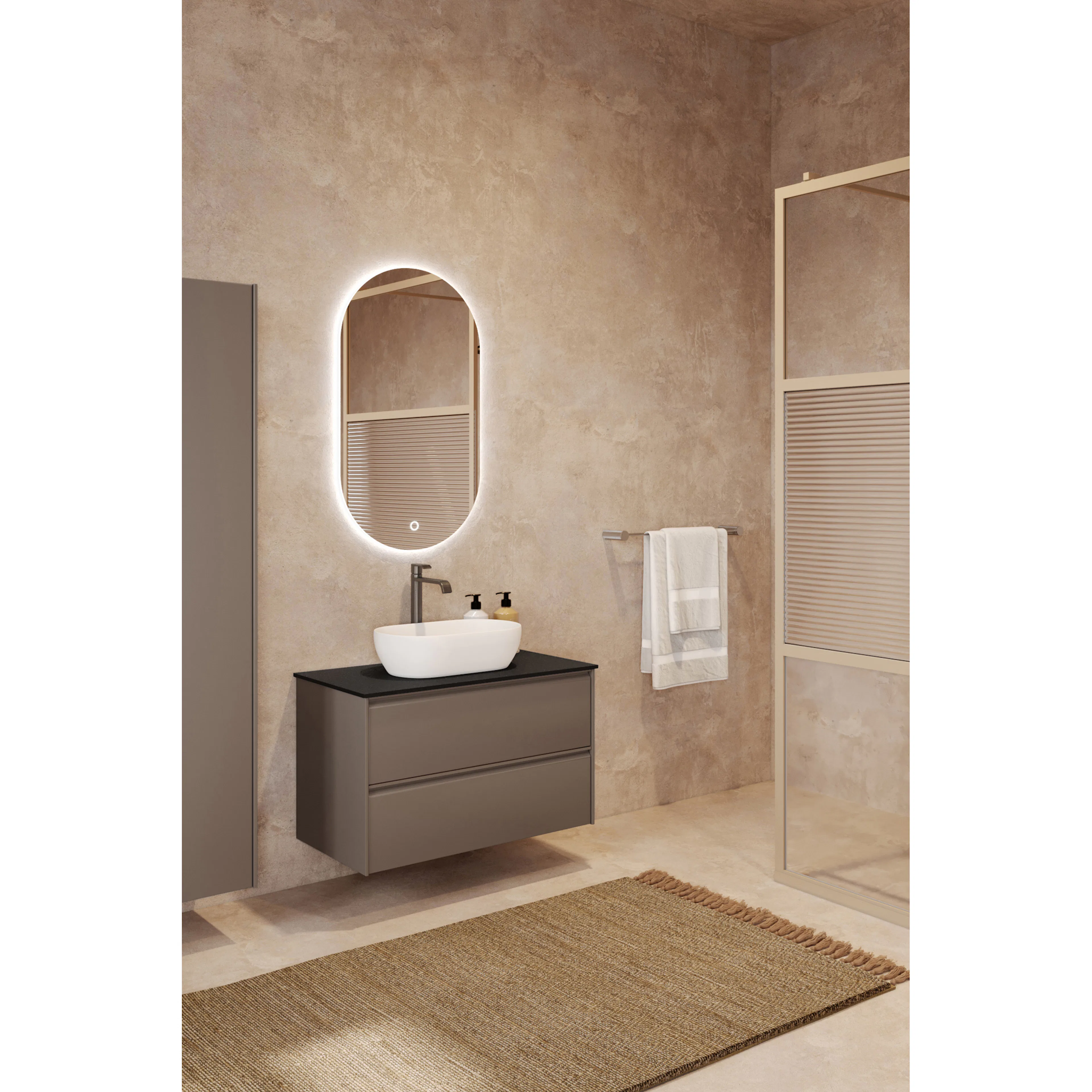 Tvättställsskåp Hietakari Luna L12 med Bänkskiva och Ovalt Ovanpåliggande Tvättställ,Matt Beige,Svart sten, 1210x510x460