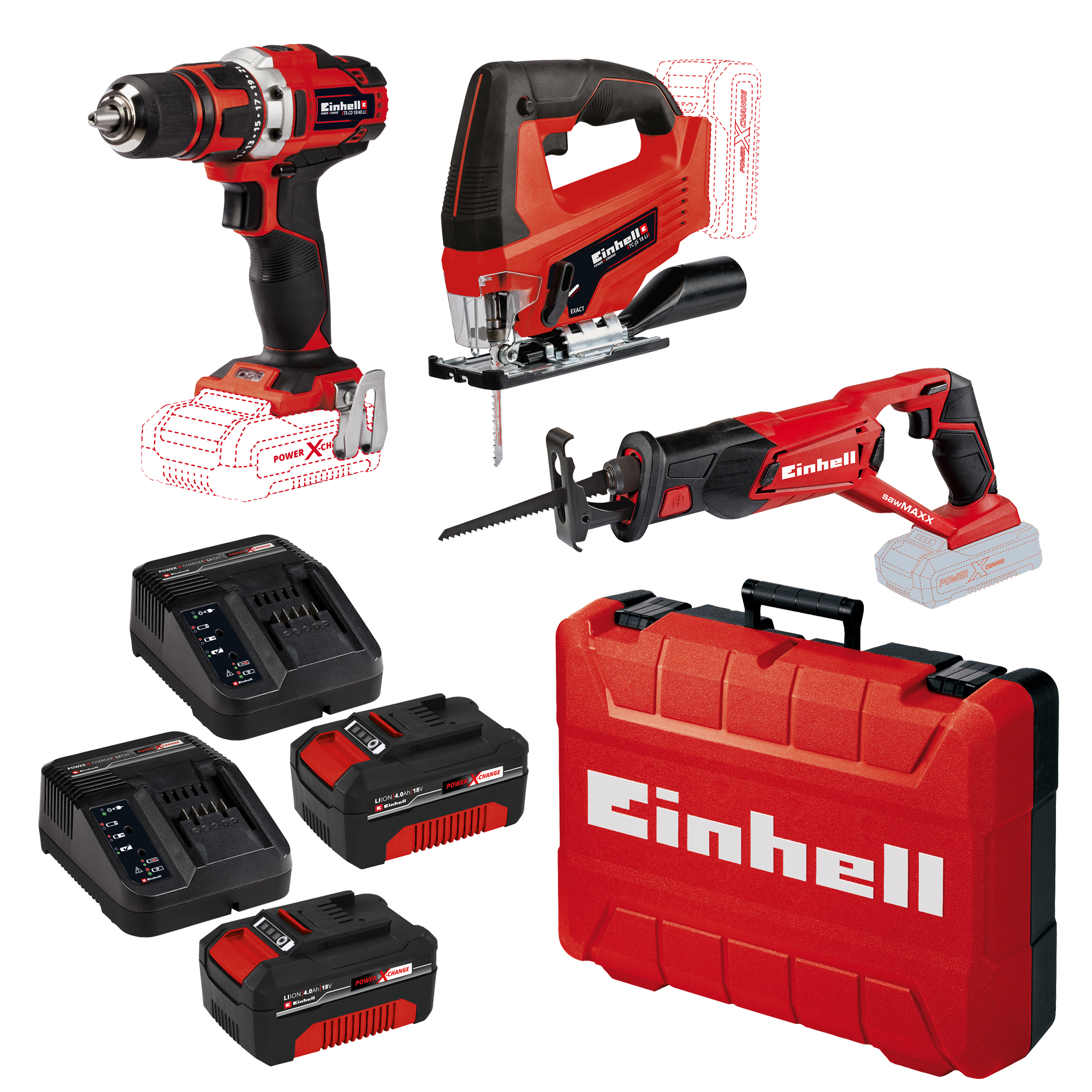 Verktygspaket Einhell Skruvdragare, Sticksåg, Tigersåg 18V 2x4Ah