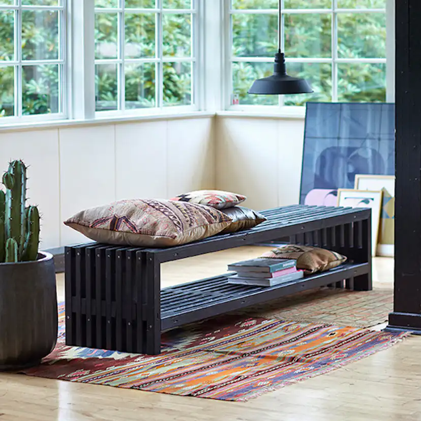 Rustik Trallebænk Design 218x49x45cm m/hylde - sort Svart