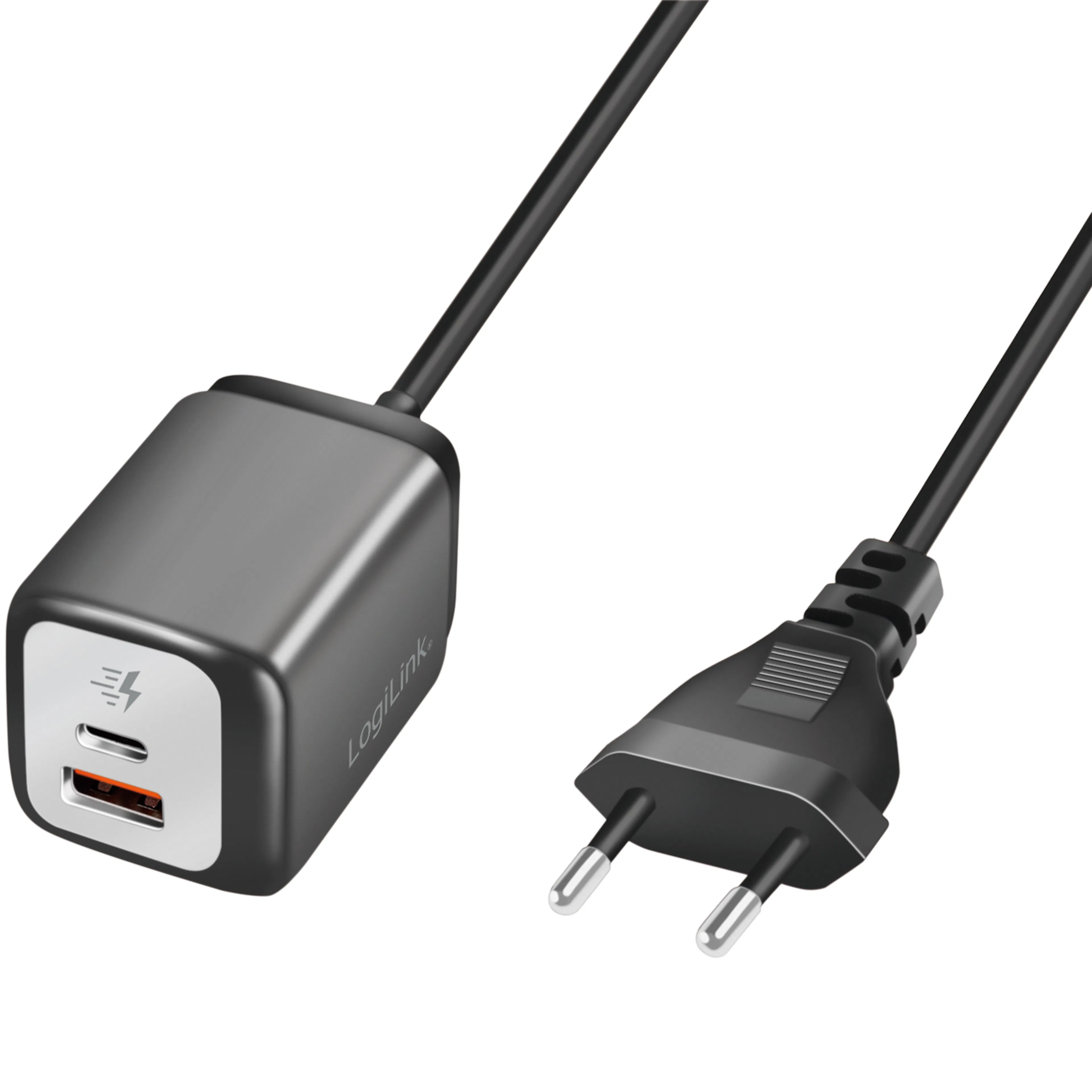 USB-laddare LogiLink 1xUSB-A + 1xUSB-C Med Fast Kabel 1,5m GaN 30W
