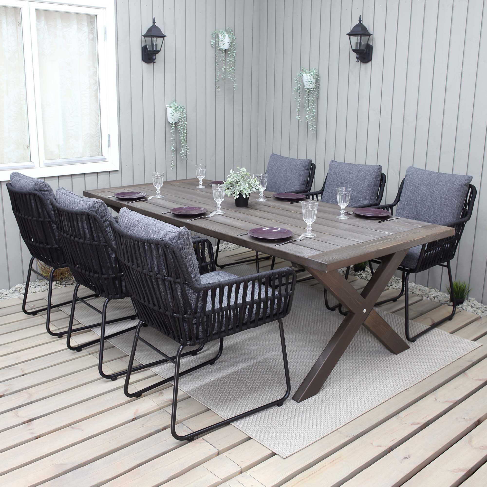 Matgrupp Utomhus Baltic Garden 220 cm bord och 6 Levanto grå stolar