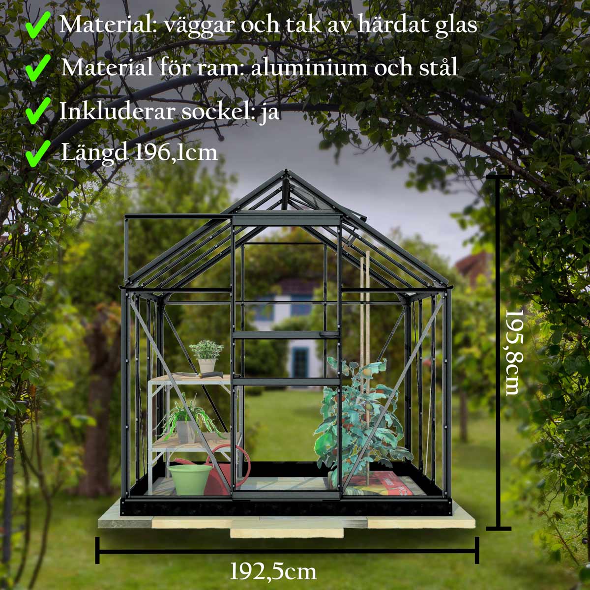 Lykke Växthus Glas 8,2m2, svart BxH: 320,4x254,7 cm