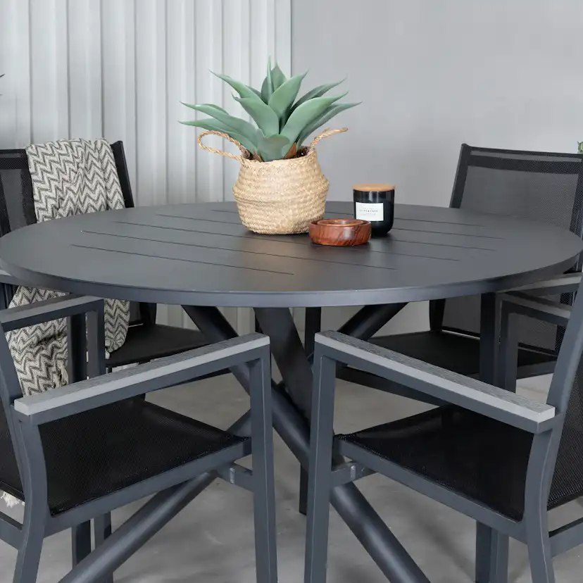 Alma Dining Table - Black Alu - ø120cm+Parma Chair - Black/G Svart