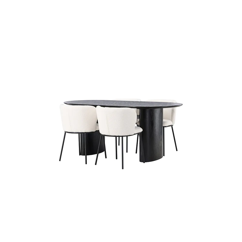 Matgrupp Venture Home Isolde Ovalt Matbord 180 cm & 4 Edina Stolar i Vit Boucle