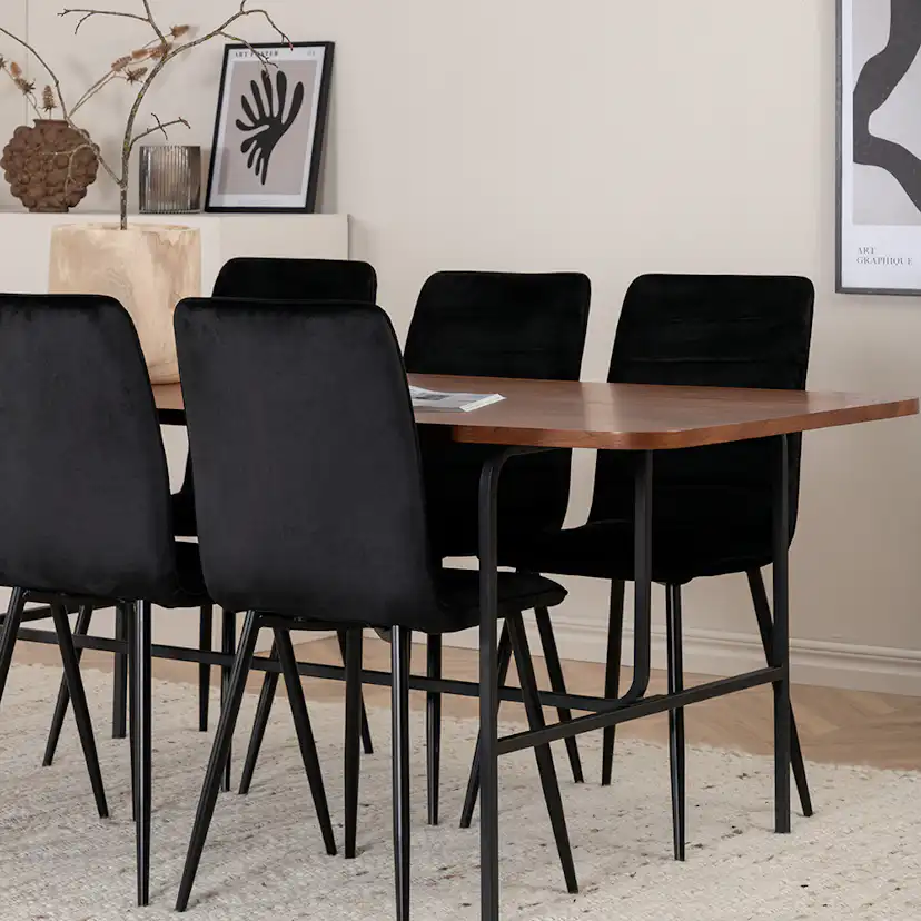 Uno Dining Table - Black / Walnut Veneer+Windu Lyx Chair - Sammet/Svart
