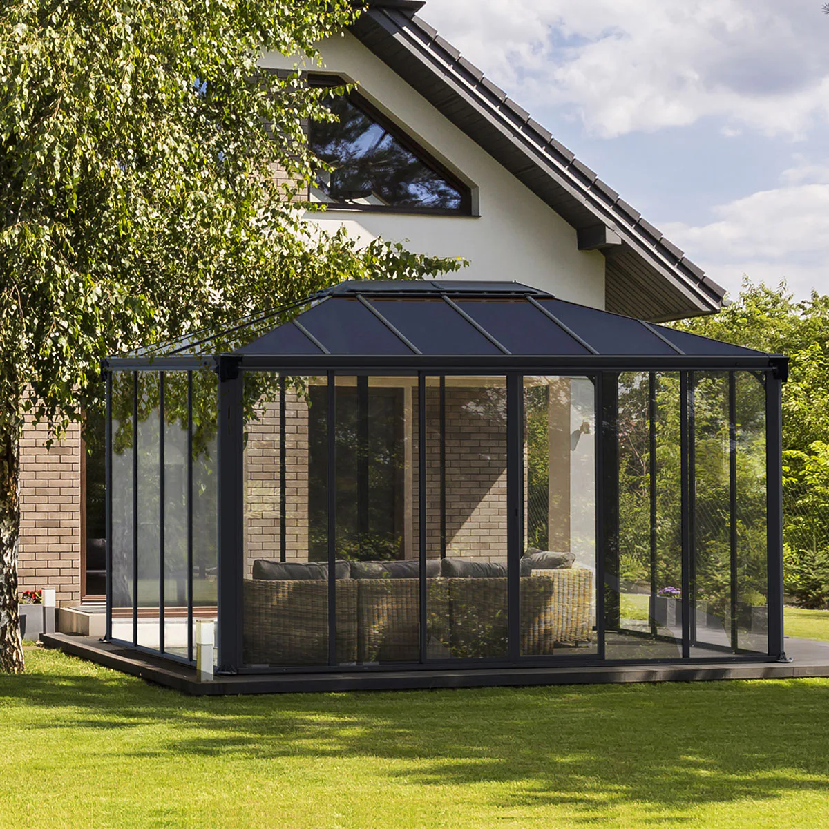 Växthus/Orangeri Canopia by Palram Ledro Aluminiumstomme med UV-Skyddat Glas, Låsbara Dörrar, Grå, 12,7 m²