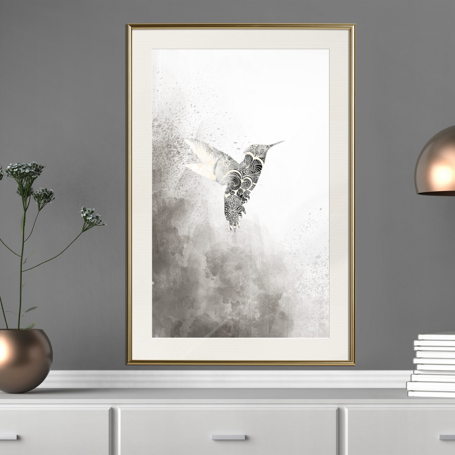 Affisch - Ethnic Hummingbird [Poster] 30x45 Guld ram med passepartout, 30x45 cm