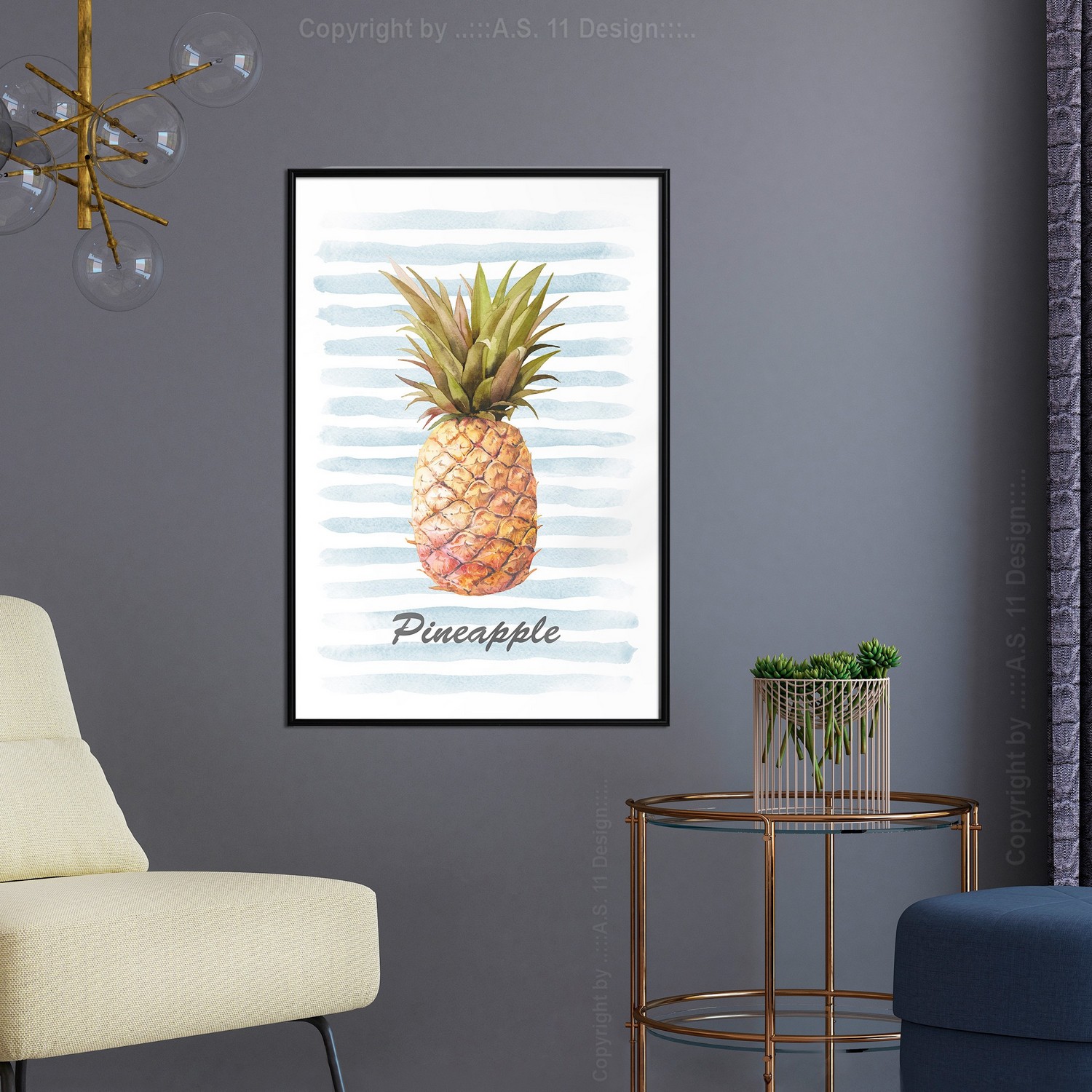 Affisch - Pineapple and Stripes [Poster] 40x60 Svart ram, 40x60 cm