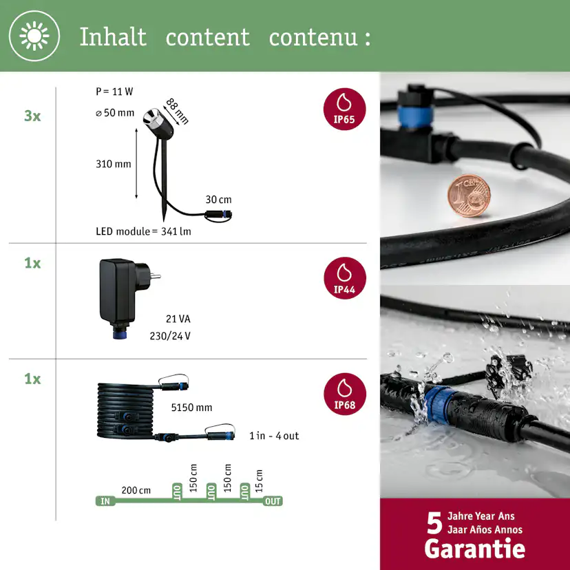 Spotlight Paulmann Pike Plug & Shine LED Pike IP65 24V 3-pack med Transformator och Kabel