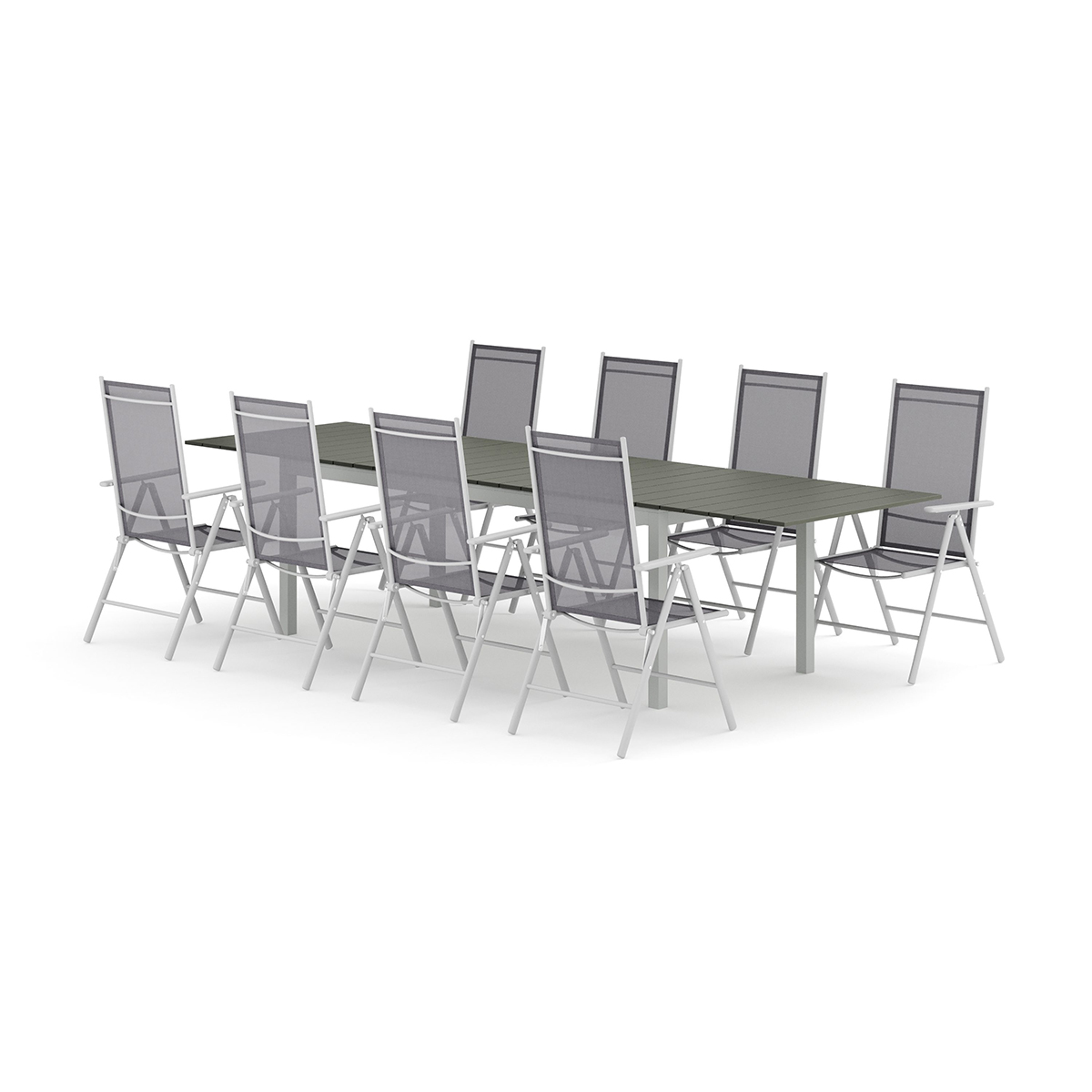 Trädgårdsgrupp Comfort Garden Tunis utomhus matgrupp förlängningsbart 205/305x90 cm med 8 Maggie positionsstolar