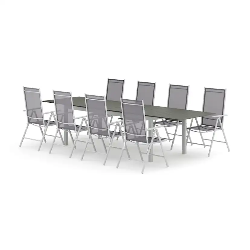 Trädgårdsgrupp Comfort Garden Tunis utomhus matgrupp förlängningsbart 205/305x90 cm med 8 Maggie positionsstolar