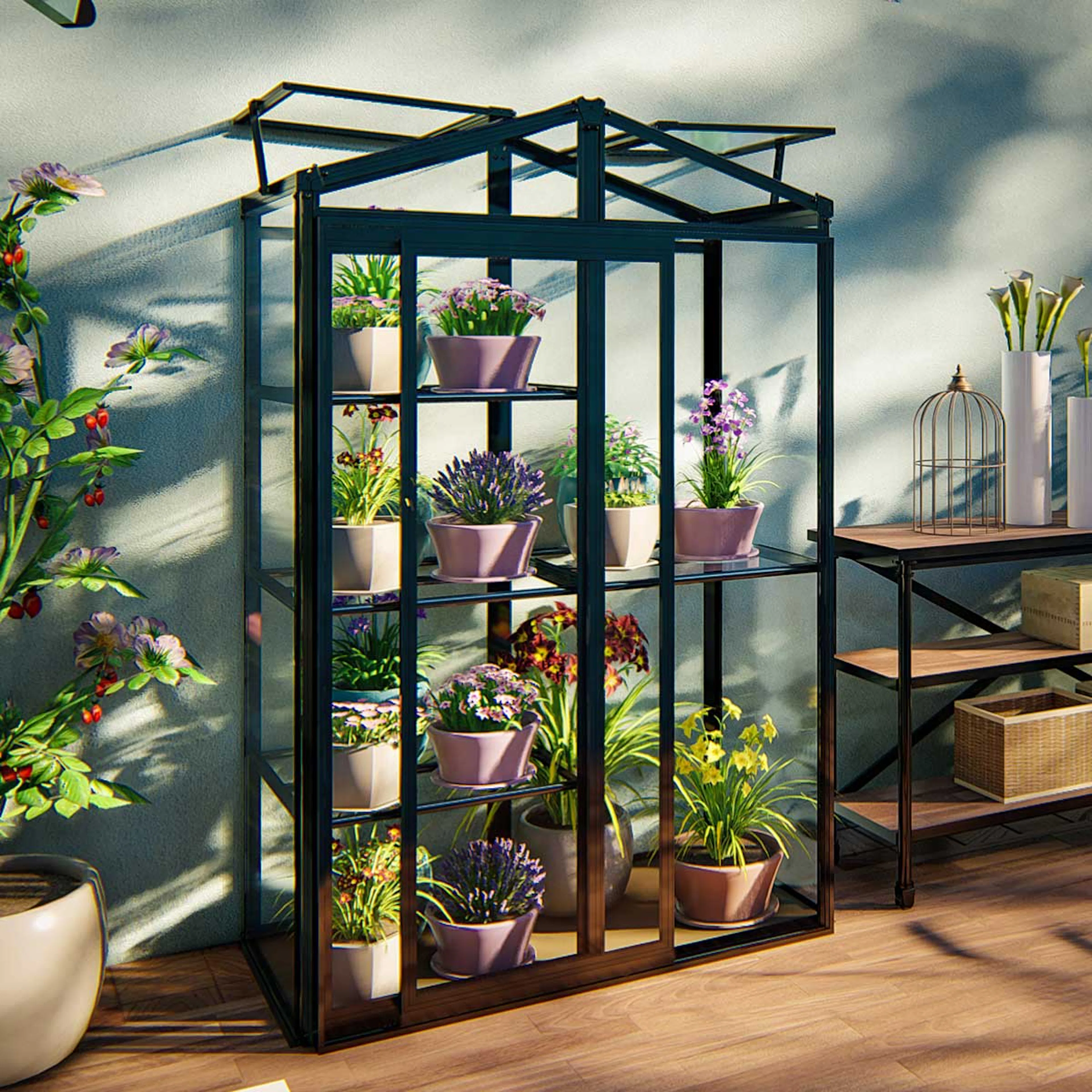 Växthus Metalcraft Svart Rektangulär Odlingsvitrin mot Vägg med Säkerhetsglas, 111x61x170 cm