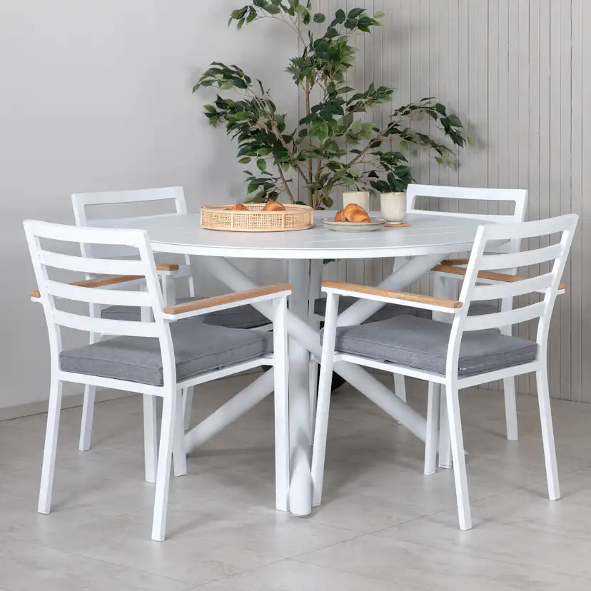 Alma Dining Table - White Alu - ø120cm+Brasilia Karmstol (st Vit